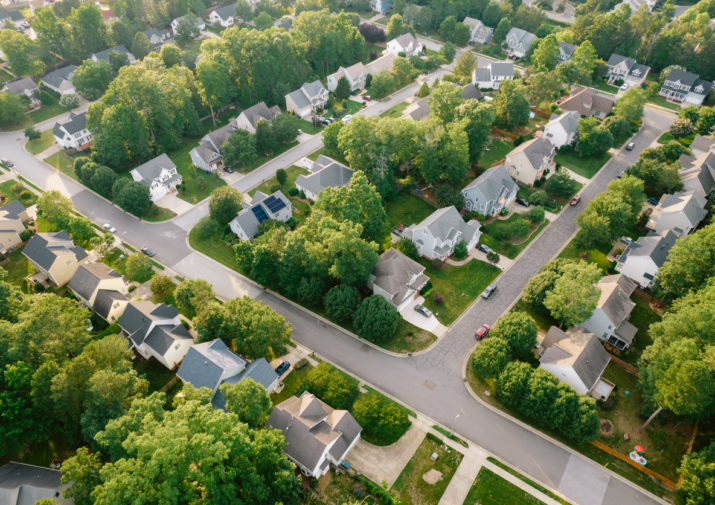 Aerial view of residential households in an American suburb