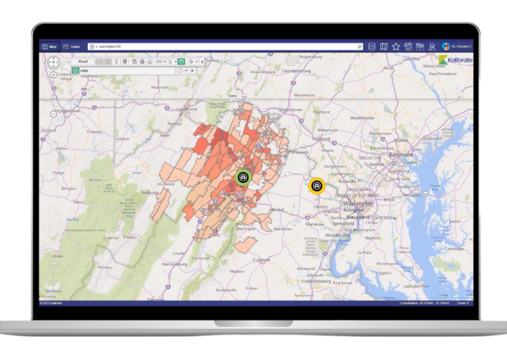 Screen from Kalibrate Location Intelligence platform showing site selection maps in Washington DC