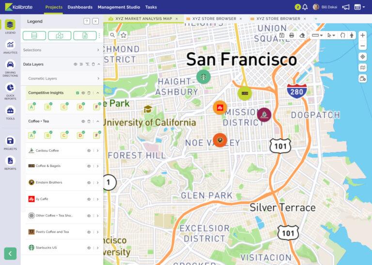 Kalibrate Location Intelligence software showing configurable retail competition on map