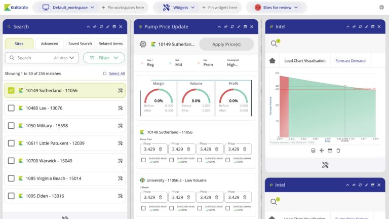 Kalibrate Fuel Pricing screen showing pricing insight widgets