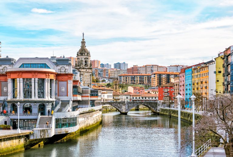 Erribera merkatua along the shores of the Nervion River in Bilbao, Spain