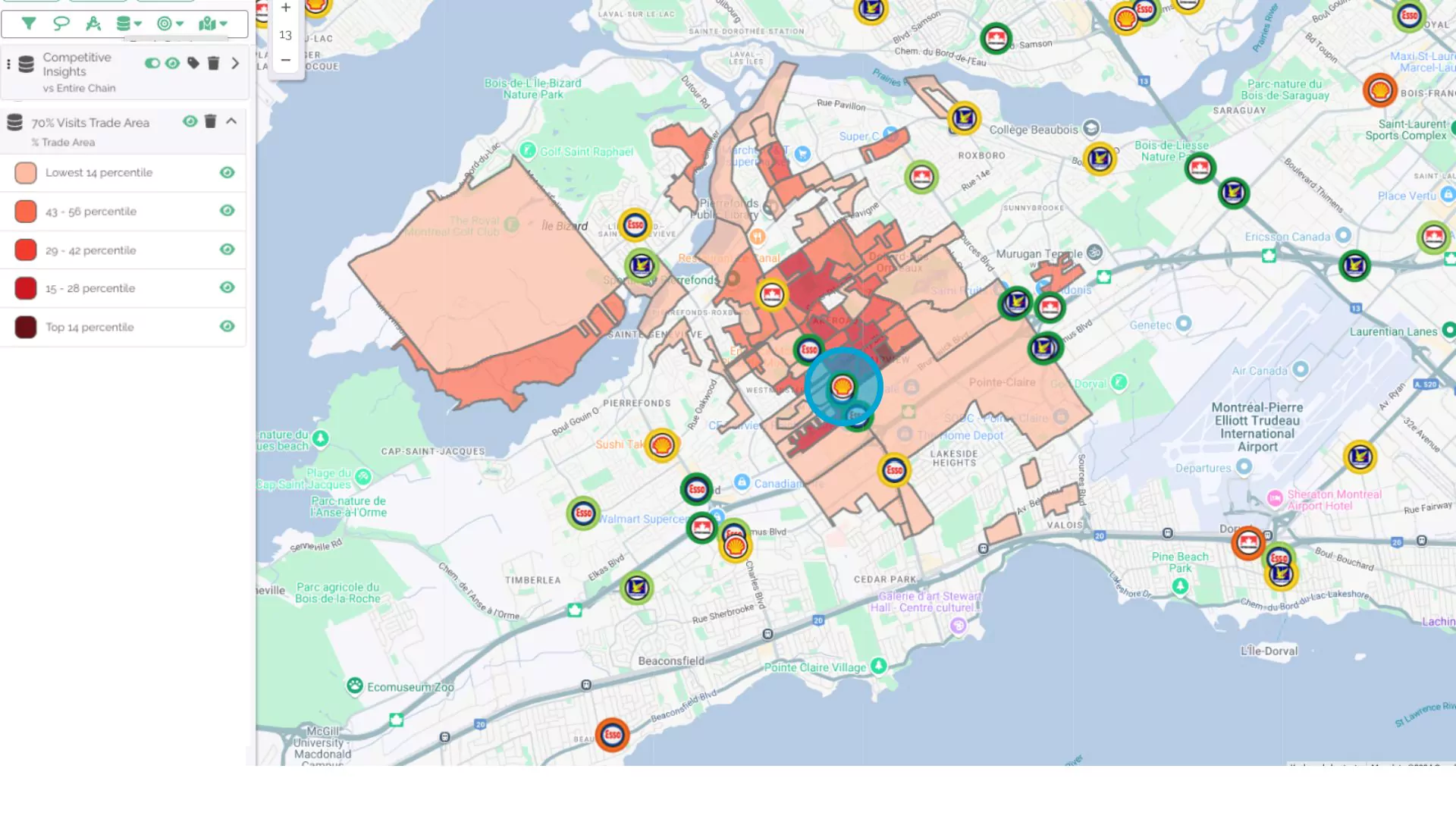 Mobility data trade area analysis for gas staions in montreal quebec